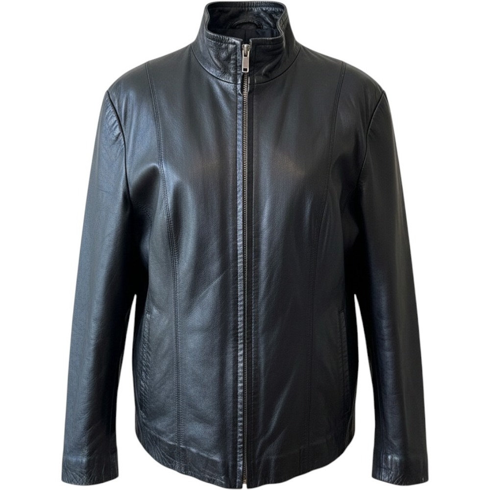 Van Heusen Women Leather Jacket XL Black Zip Up Mock Neck Moto Minimalist Moto